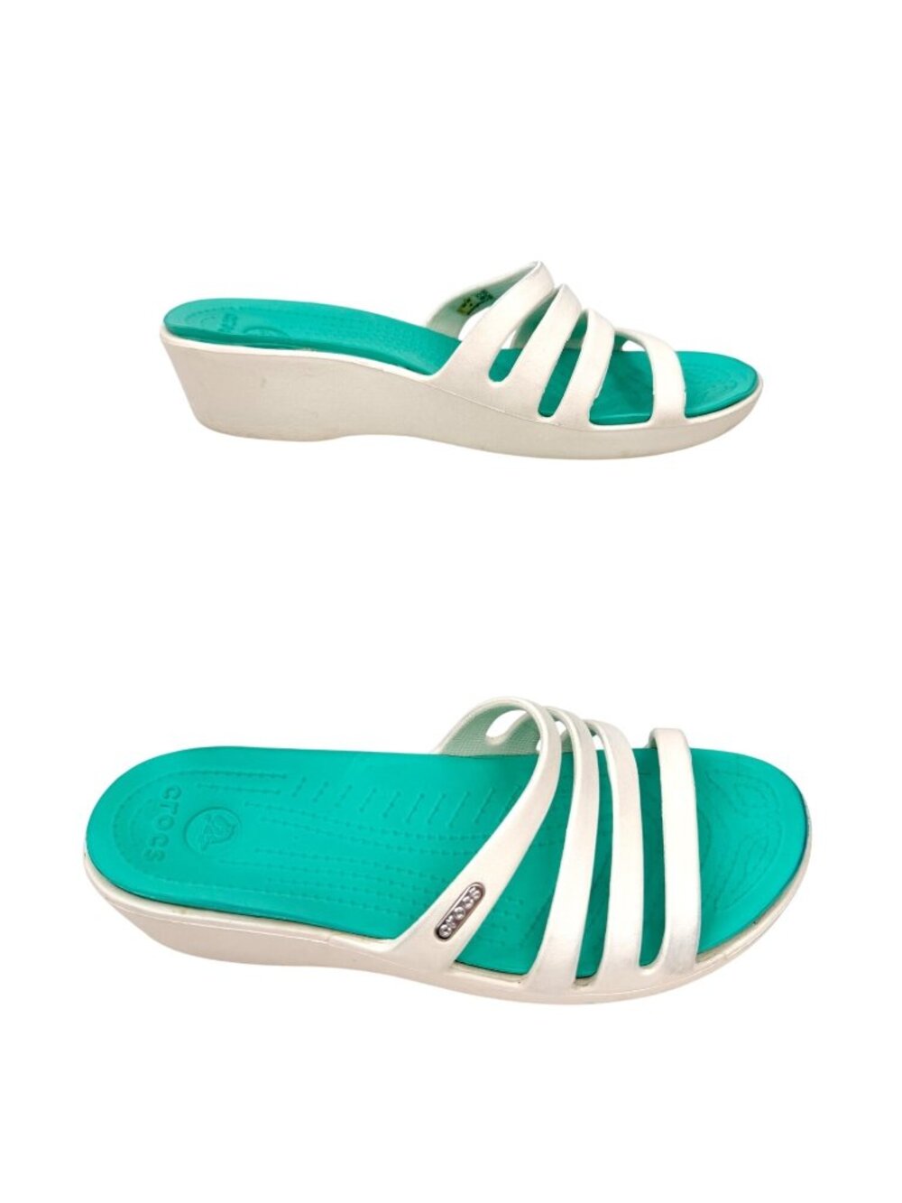 CROCS RHONDA WEDGE TURQUOISE GREEN & WHITE WEDGE SLIDE SANDALS - 8